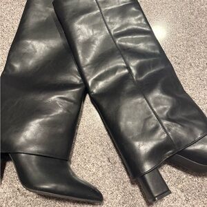 Elegant Black Leather Fold Over Boots